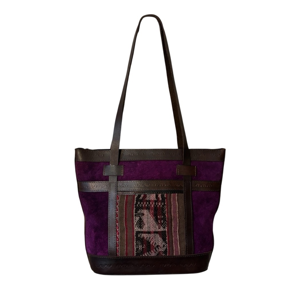 Vintage Leather Tote Bag Purple Suede Brown Embossed Leather Textile Bolivian